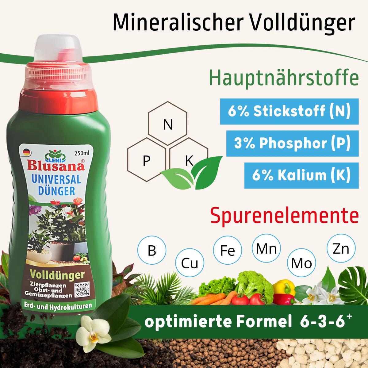 Hydrokultur Premium Flüssigdünger 250ml NPK Dünger 6-3-6