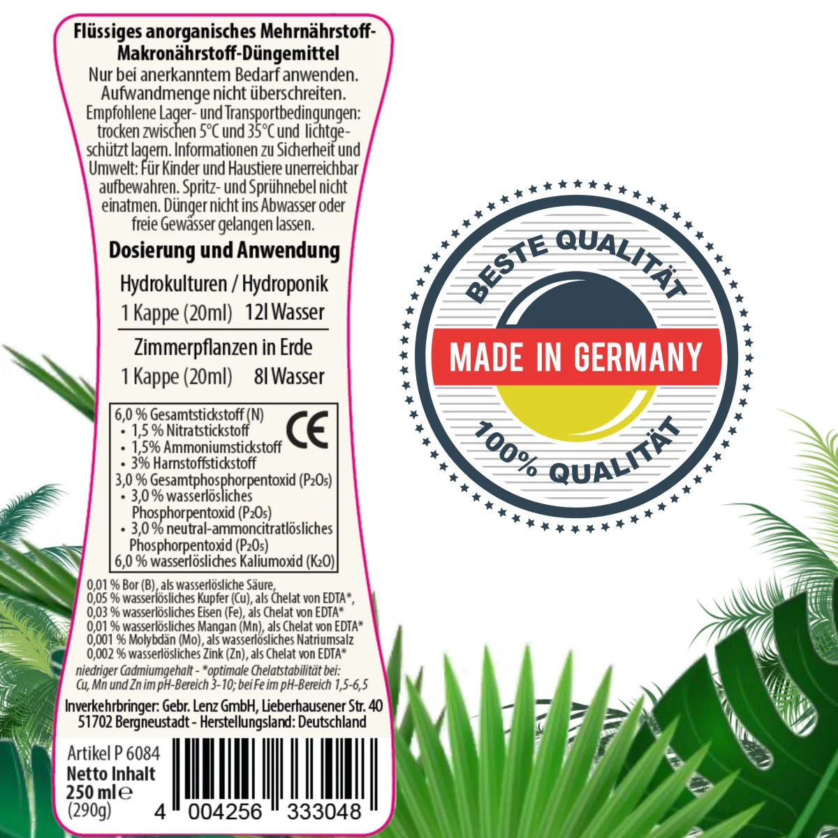 Hydrokultur Premium Flüssigdünger 250ml NPK Dünger 6-3-6
